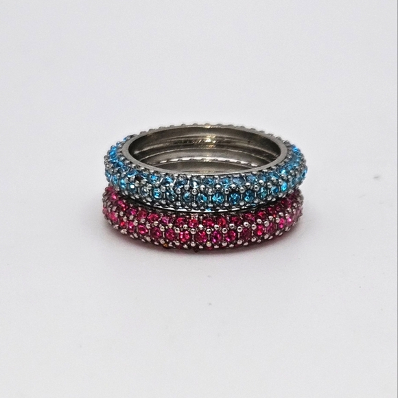 Set of Pink Red and Blue CZ Silver Matching Stackable Eternity Band Rings - Picture 3 of 10